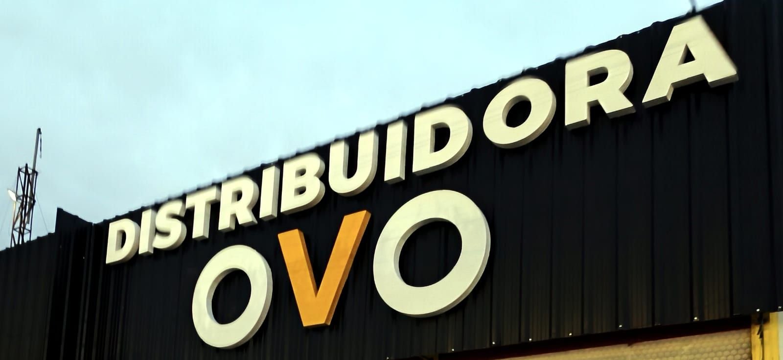 Cartel con letras corpóreas de Distribuidora Ovo sobre fachada negra